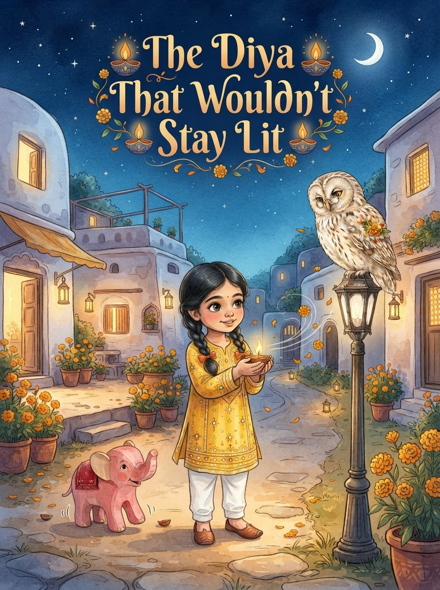 Book cover: a girl in a yellow kurta holds a lit diya in a lane full of marigolds, with a pink toy elephant and an owl.