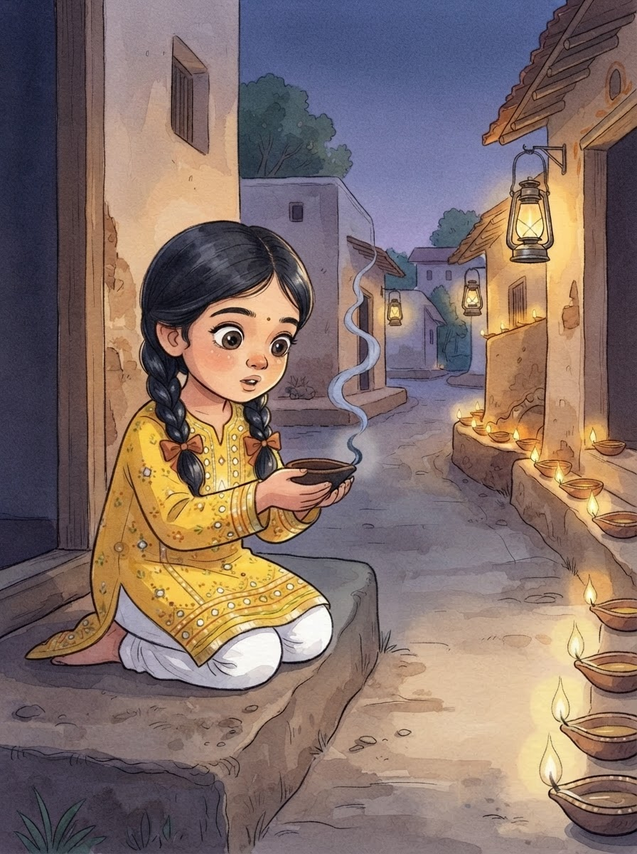 The girl kneels on a doorstep and looks at her diya, which has just gone out, beside a row of lit diyas.