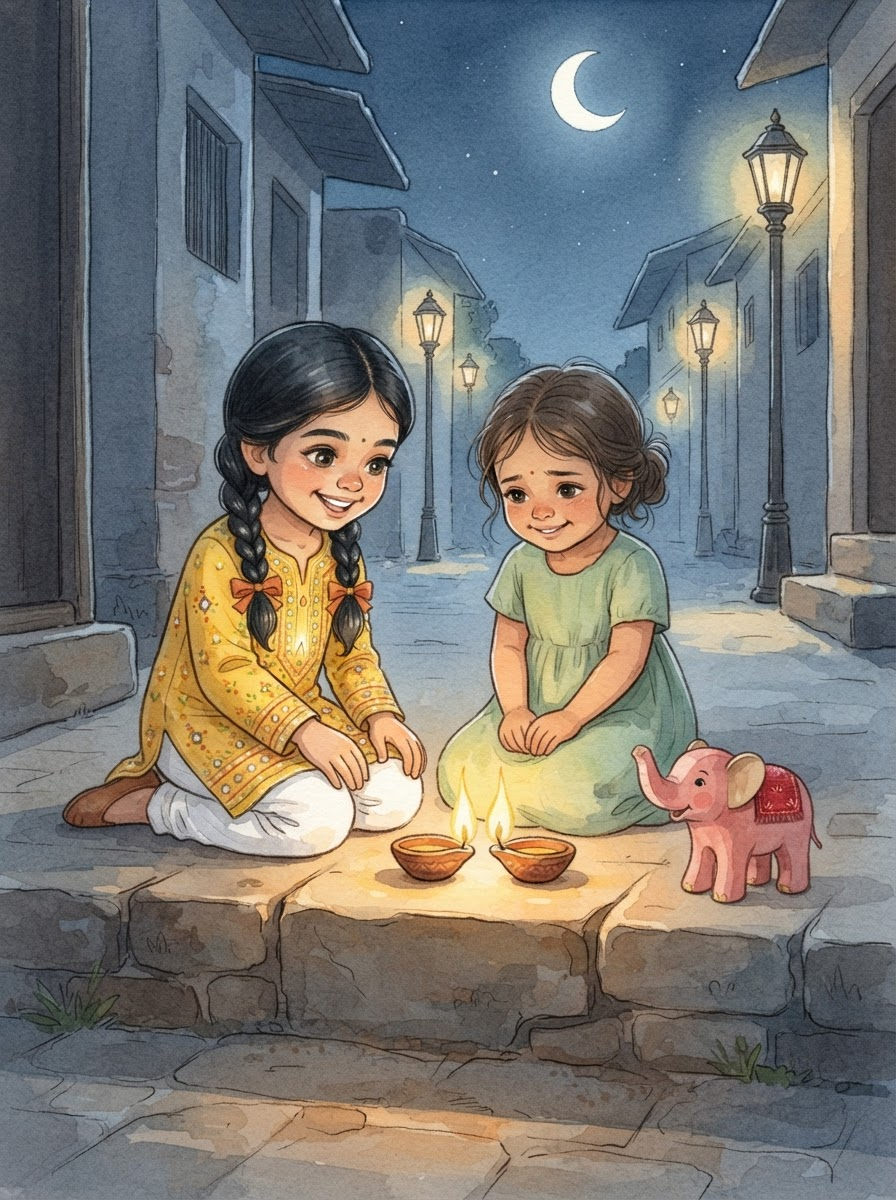 The girl and a friend smile at two small diyas burning side by side on a stone step.