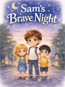 Cover of Sam’s Brave Night, showing Sam with two younger children beneath a moonlit sky