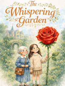 Cover of The Whispering Garden, showing a girl and her grandmother beside an enormous red rose