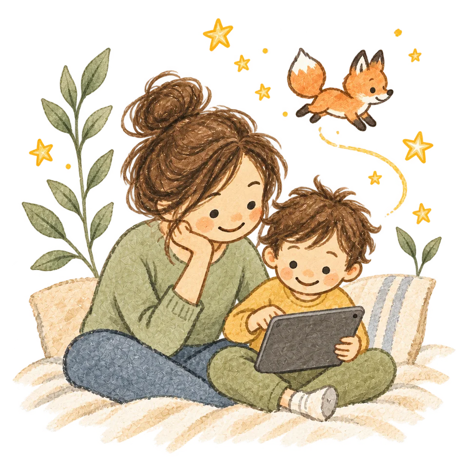 A parent and child read together on a tablet, with an imagined fox and stars above them.